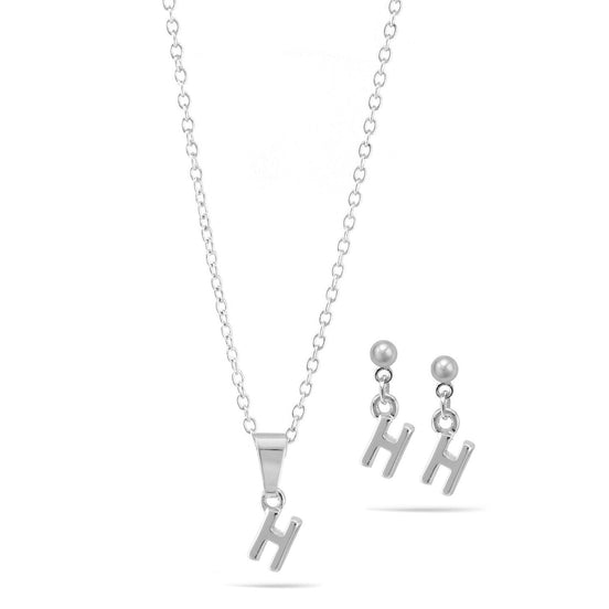RHODIUM "H" SMALL PENDANT SHORT NECKLACE AND EARRINGS SET #SWKK-11768HRHO (LE21)