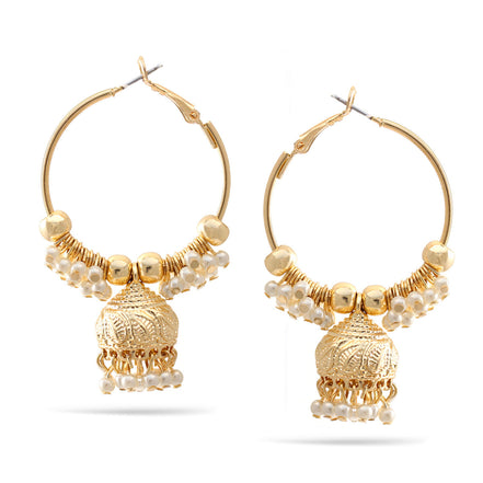 Gold Cream Pearl Dogra Jhumka Chandelier Hoop Earrings