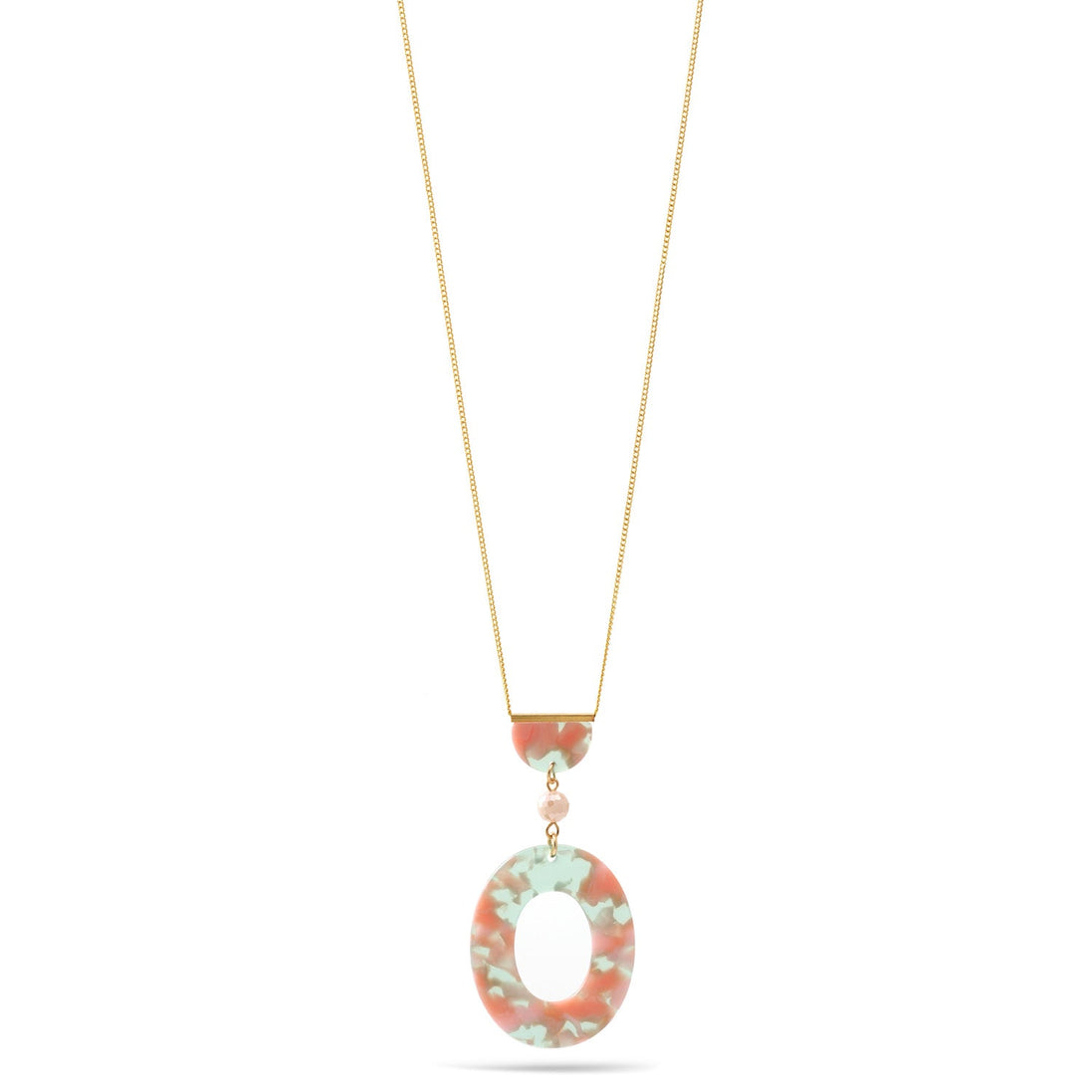 Green And Pink Shell Acetate Resin Oval Gold Pendant Adjustable Length Gold Chain Necklace