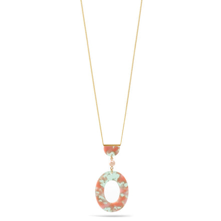 Green And Pink Shell Acetate Resin Oval Gold Pendant Adjustable Length Gold Chain Necklace
