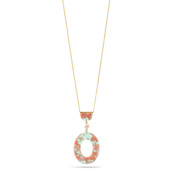 Green And Pink Shell Acetate Resin Oval Gold Pendant Adjustable Length Gold Chain Necklace