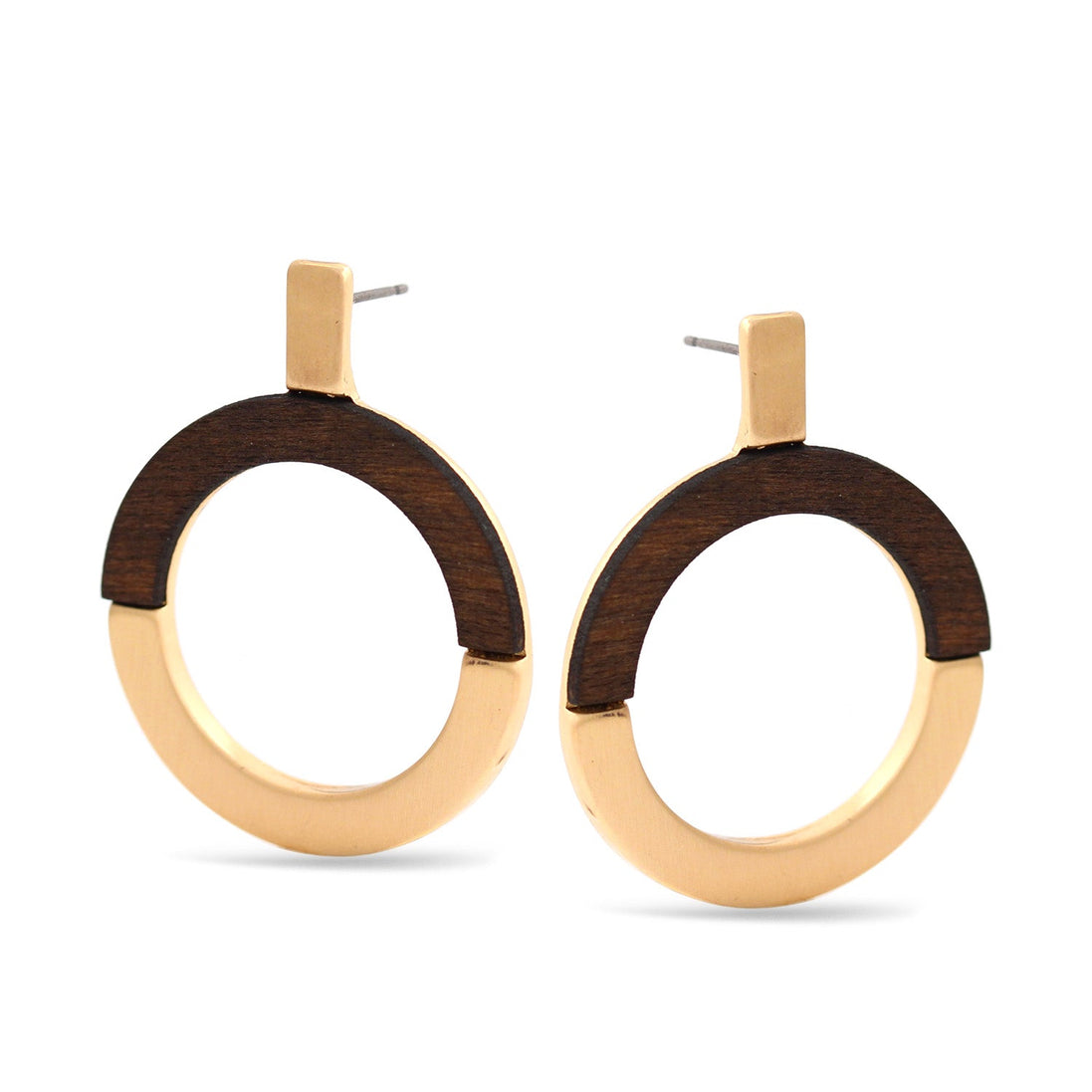 Matte Gold And Wood Round Post Earrings
