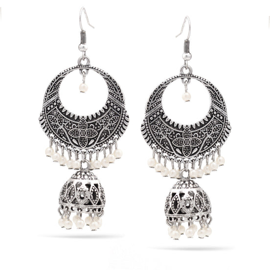 Rhodium Flower Filigree Dogra Jhumka Pearl Chandelier Earrings