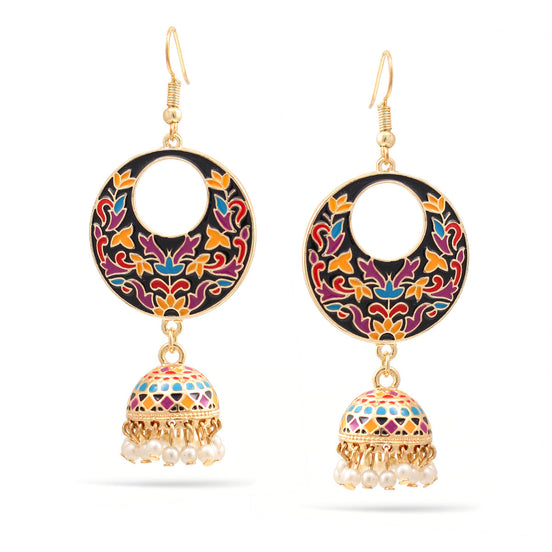 Gold Epoxy Flower Dogra Jhumka Pearl Chandelier Earrings