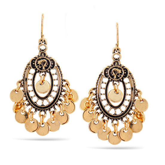 Oxidized Gold Oval Round Charm Dangle Earrings