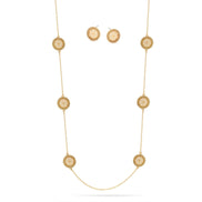 Gold Round Disc Flower Crystal Coin Adjustable Length Chain Necklace And Earrings Set