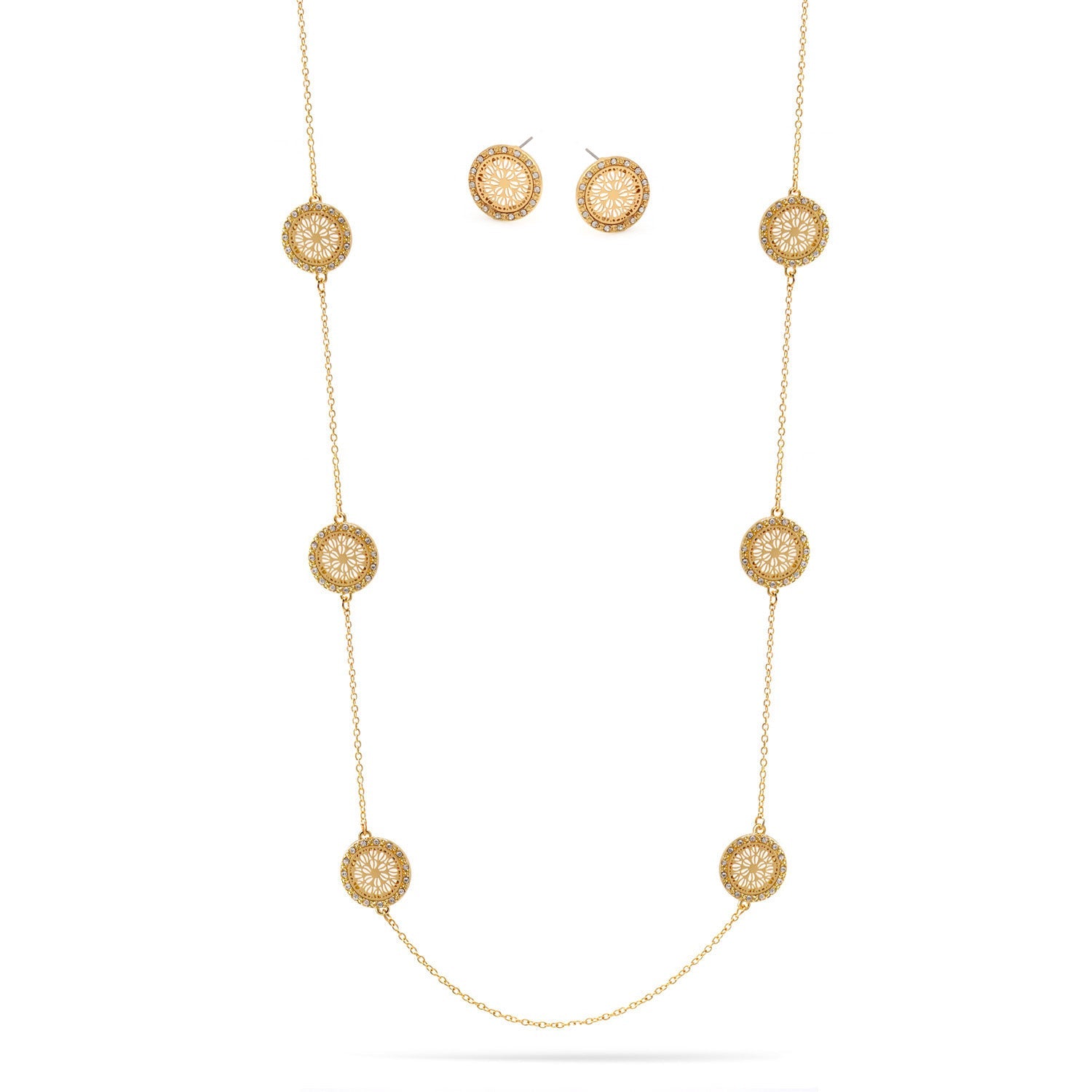 Gold Round Disc Flower Crystal Coin Adjustable Length Chain Necklace And Earrings Set