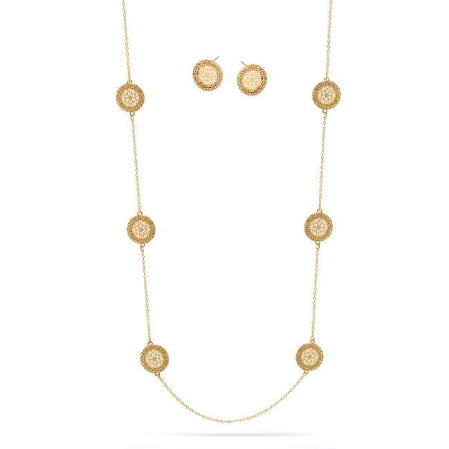 Gold Round Disc Flower Crystal Coin Adjustable Length Chain Necklace And Earrings Set