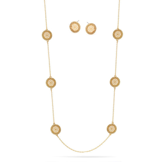 Gold Round Disc Flower Crystal Coin Adjustable Length Chain Necklace And Earrings Set