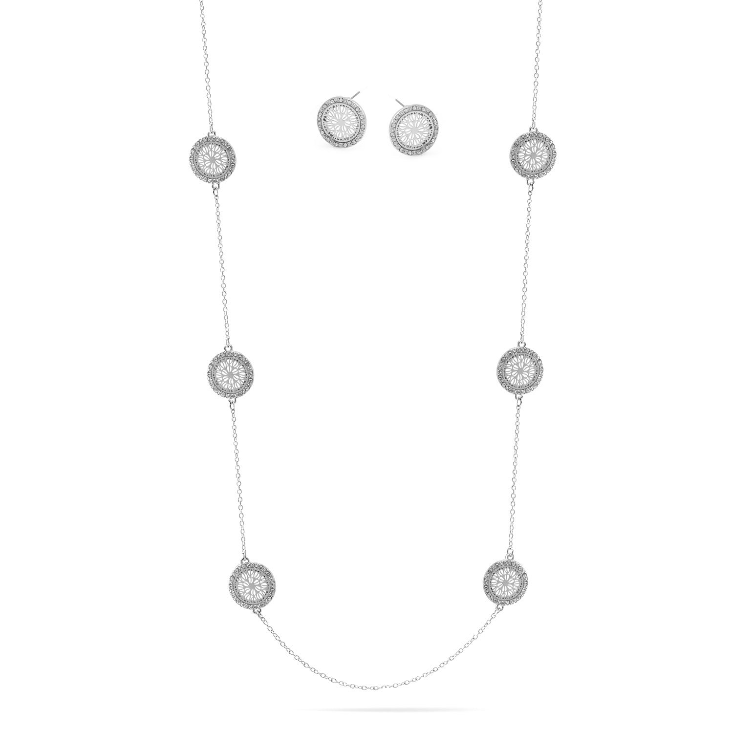 Rhodium Round Disc Flower Crystal Coin Adjustable Length Chain Necklace And Earrings Set