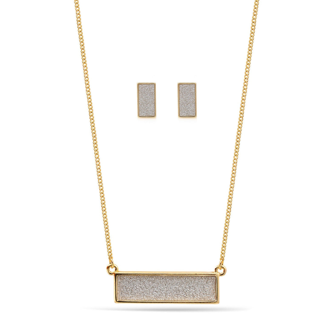 Gold Rectangle Silver Sanded Pendant Adjustable Length Chain Necklace And Earrings Set
