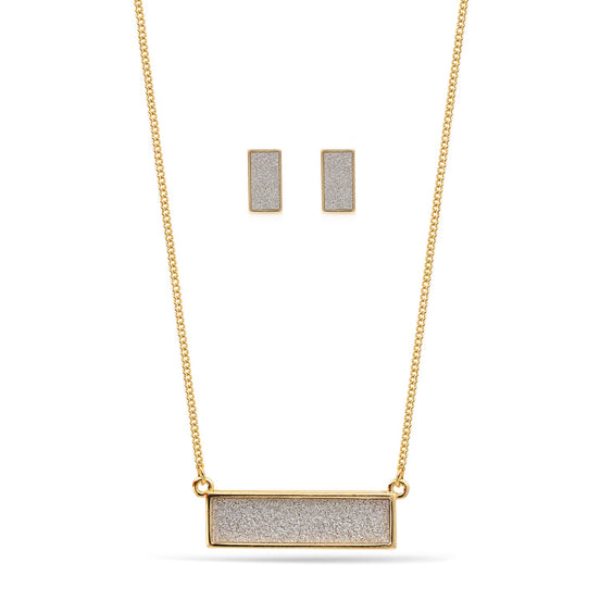Gold Rectangle Silver Sanded Pendant Adjustable Length Chain Necklace And Earrings Set