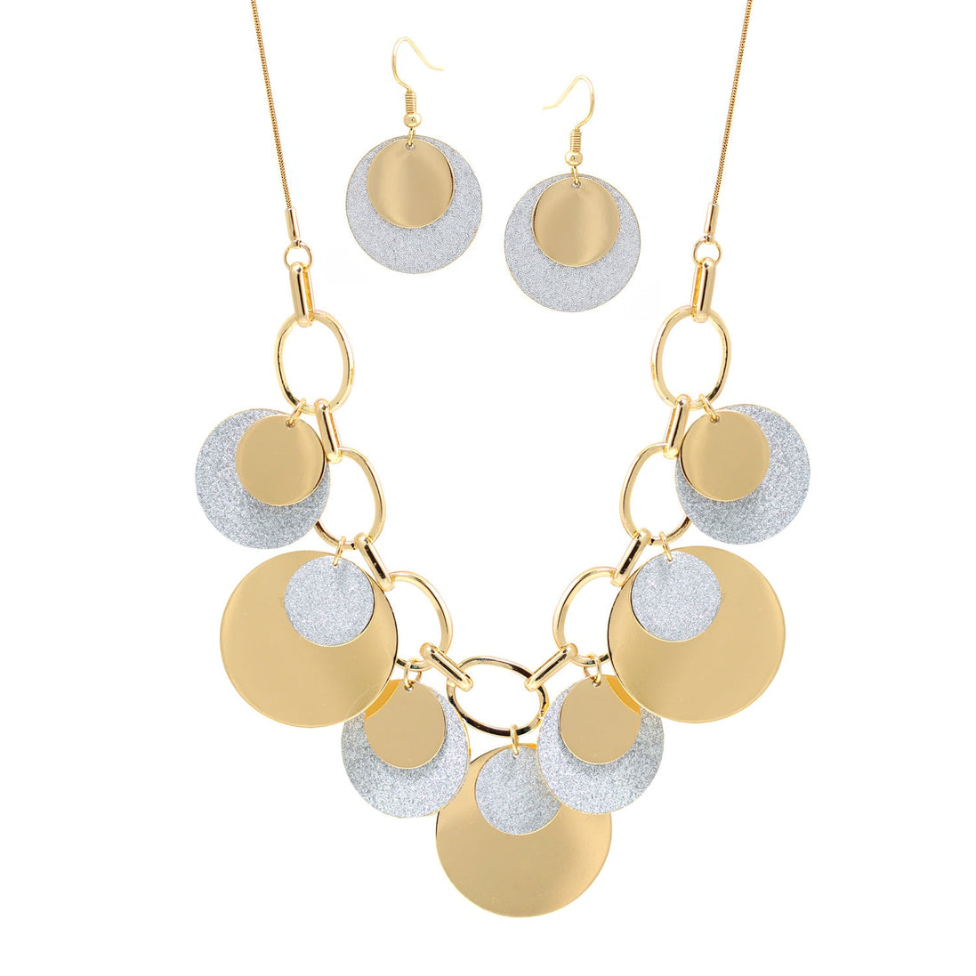 Gold Silver Sanded Adjustable Length Chain Necklace And Earrings Set