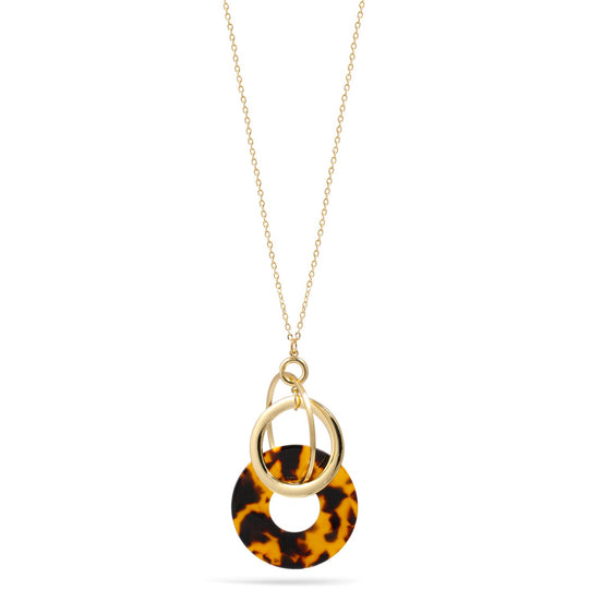 Tortoise Shell Acetate Resin Round Gold Interlocking Pendant Long Chain Necklace