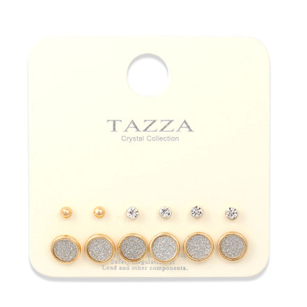 Gold Silver Sanded And Crystal  Set Of 6 Post Errings