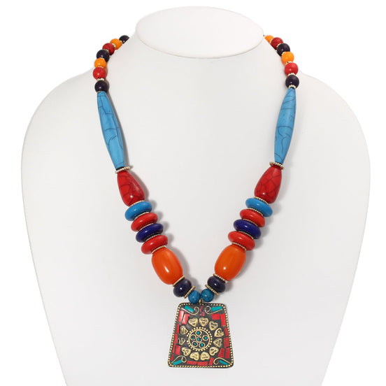 Multicolor Big Bead Gold Turquoise And Coral Pendant Adjustable Length Bead Necklace
