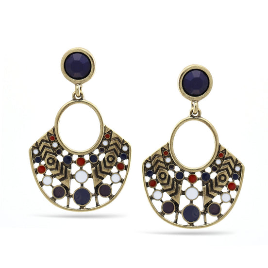 OXIDIZED GOLD CORAL  WHITE AND NAVY BLUE POST EARRINGS
