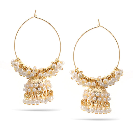 Gold Cream Pearl Dogra Jhumka Chandelier Hoop Earrings