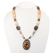 Brown And Cream Big Bead Silver oval Pendant Adjustable Length bead Necklace