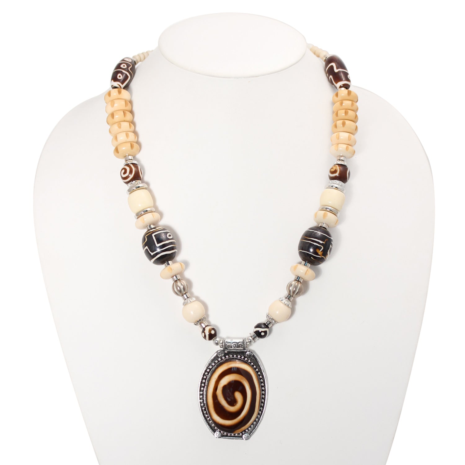 Brown And Cream Big Bead Silver oval Pendant Adjustable Length bead Necklace