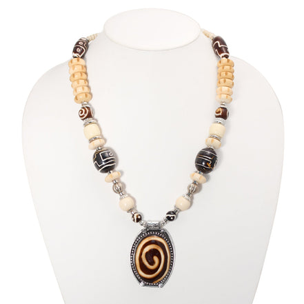 Brown And Cream Big Bead Silver oval Pendant Adjustable Length bead Necklace