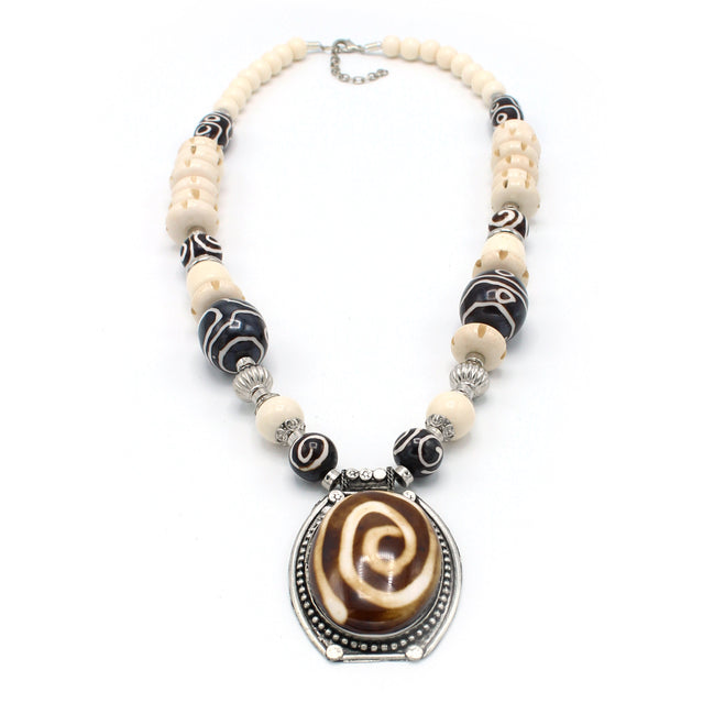 Brown And Cream Big Beads Silver Pendant Necklace #FWNK-1811-21(LB11)