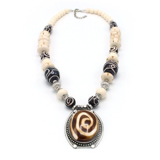 Brown And Cream Big Beads Silver Pendant Necklace #FWNK-1811-21