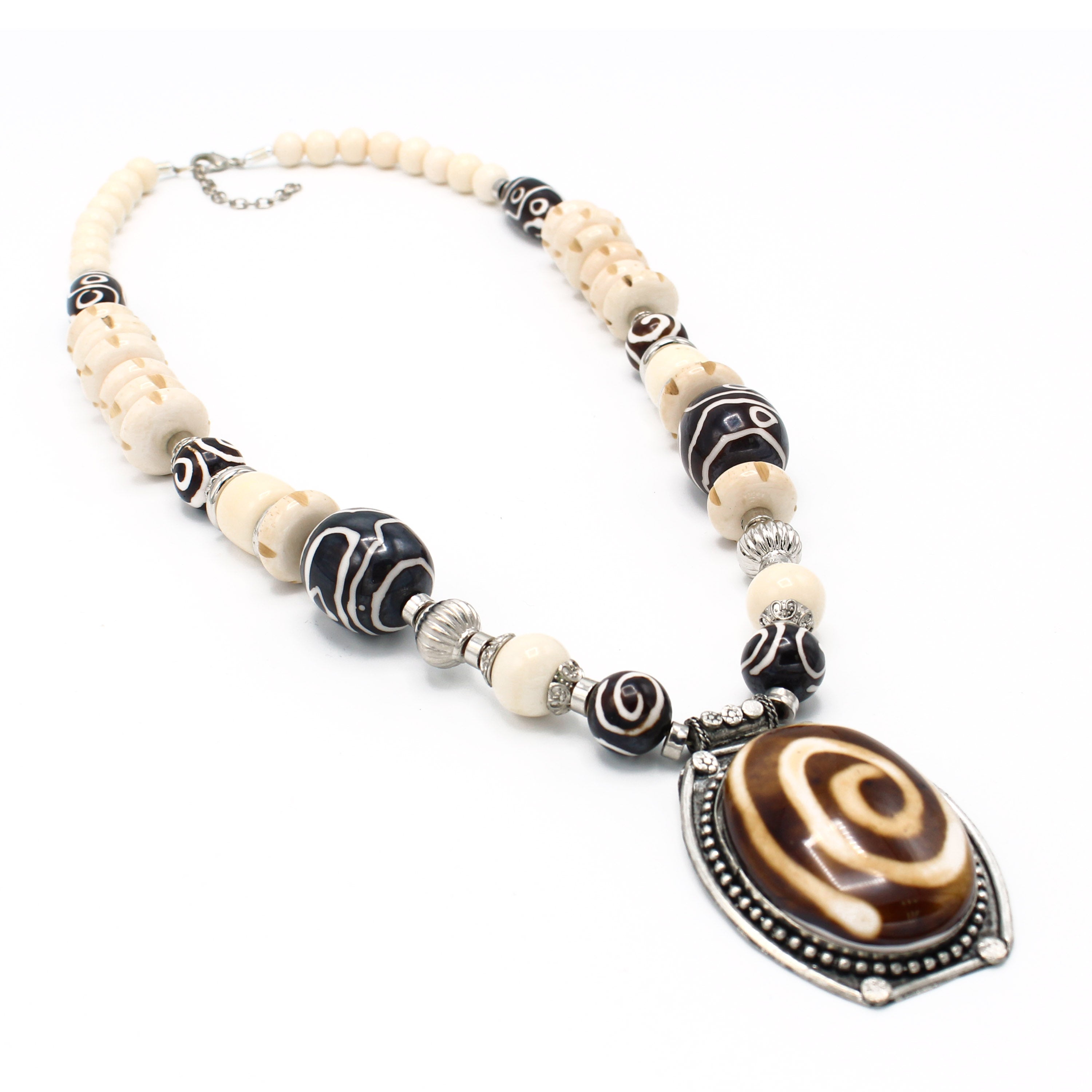 Brown And Cream Big Beads Silver Pendant Necklace #FWNK-1811-21(LB11)