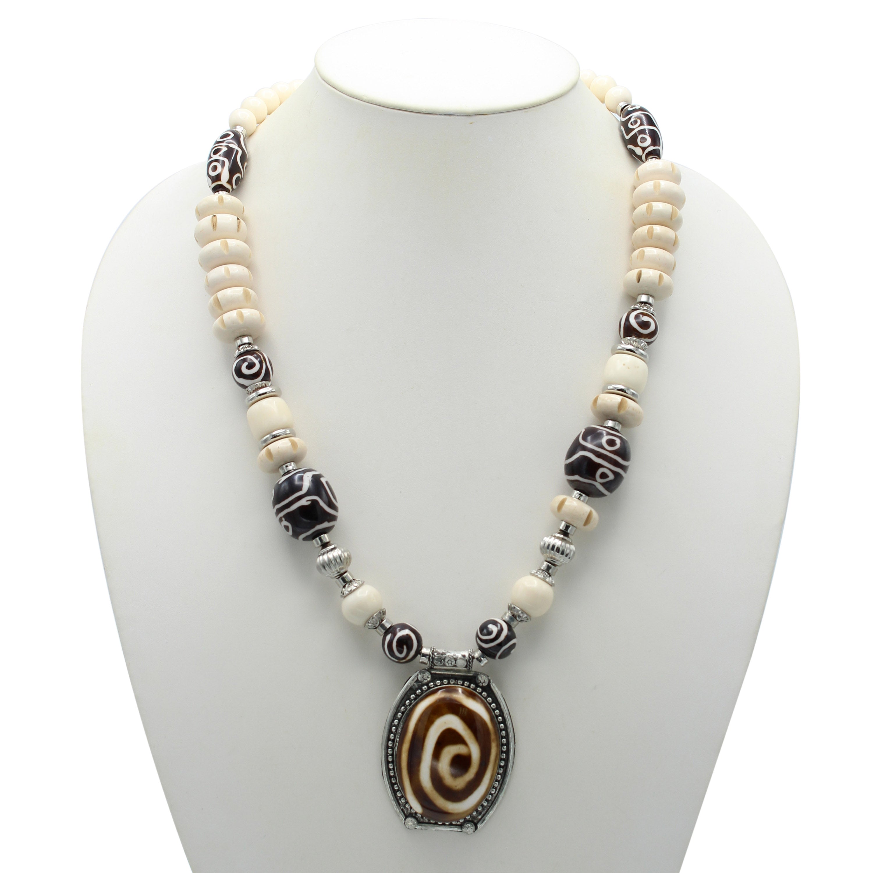 Brown And Cream Big Beads Silver Pendant Necklace #FWNK-1811-21(LB11)