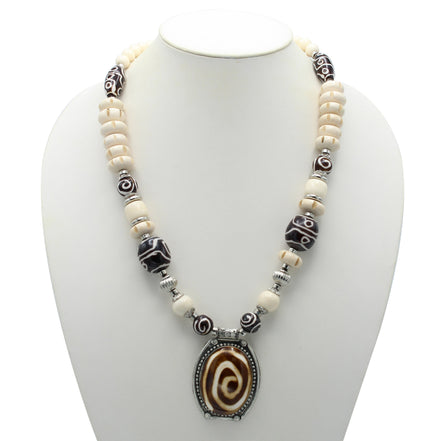 Brown And Cream Big Beads Silver Pendant Necklace #FWNK-1811-21(LB11)