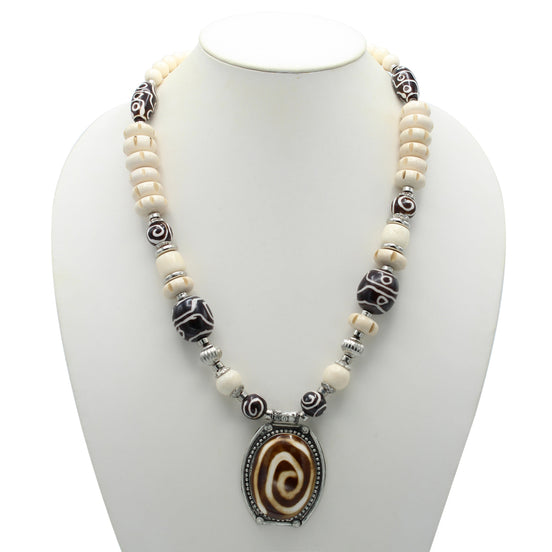 Brown And Cream Big Beads Silver Pendant Necklace #FWNK-1811-21(LB11)
