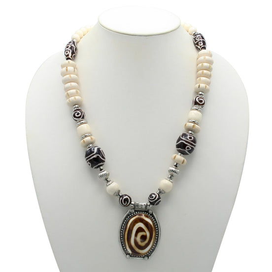 Brown And Cream Big Beads Silver Pendant Necklace #FWNK-1811-21