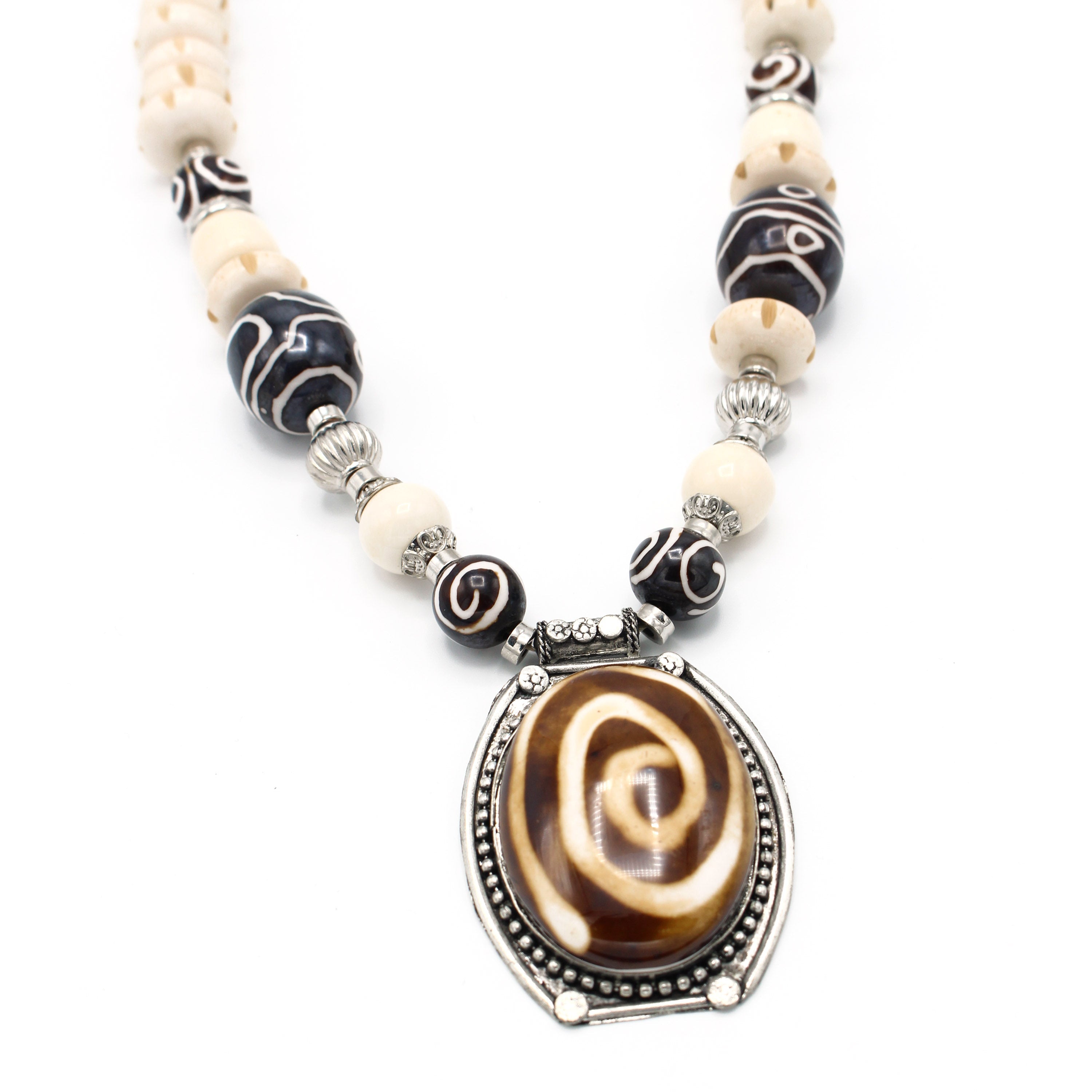 Brown And Cream Big Beads Silver Pendant Necklace #FWNK-1811-21(LB11)