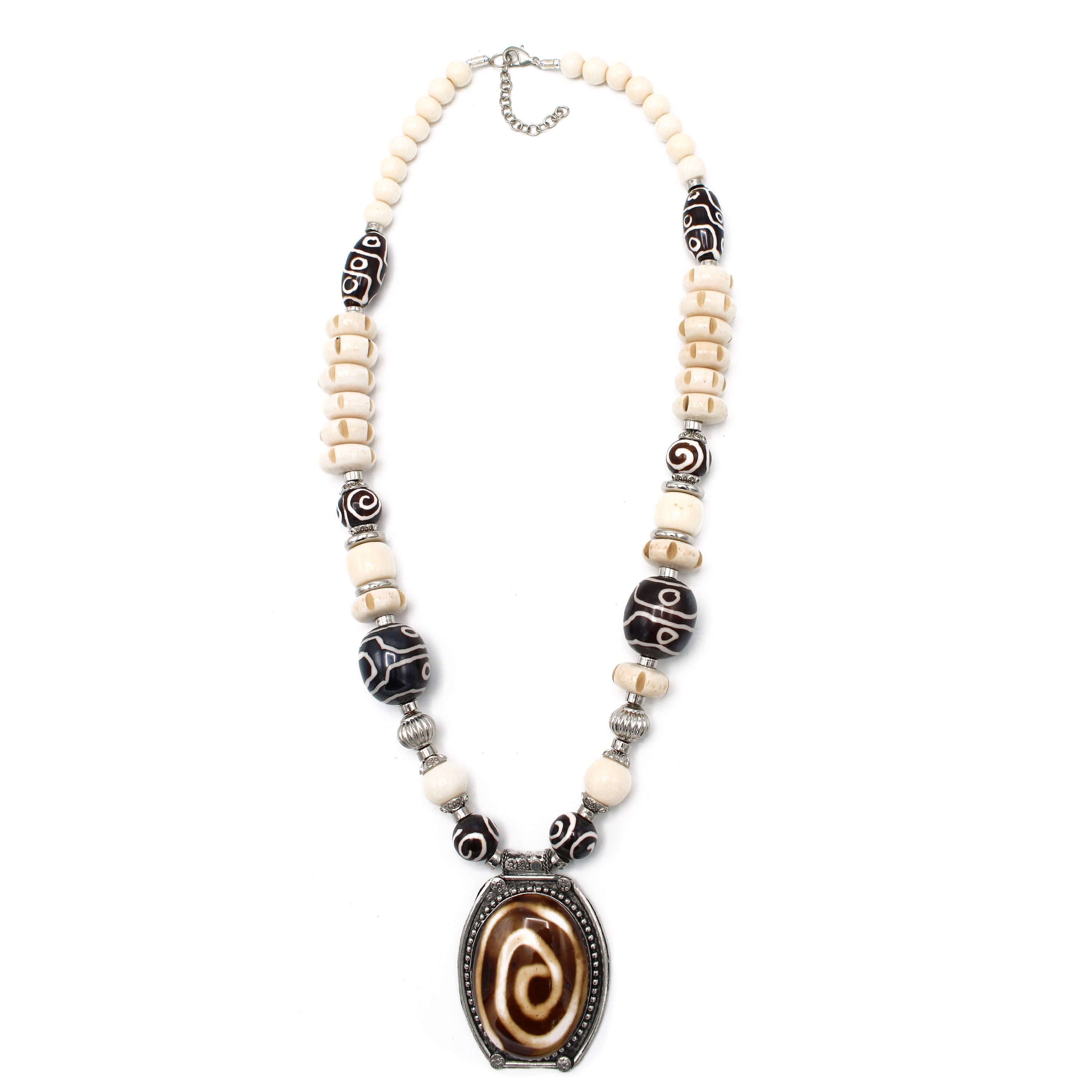 Brown And Cream Big Beads Silver Pendant Necklace #FWNK-1811-21(LB11)
