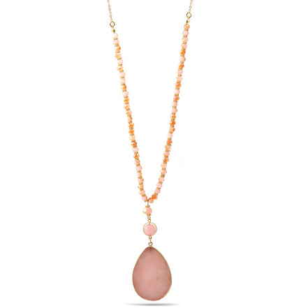 Gold Pink Natural Agate Oval Pendant Faceted Bead Adjustable Length Chain  Necklace