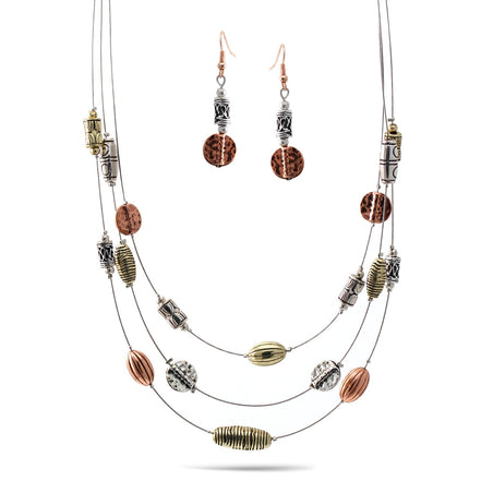 Oxidized Tri-Tone Adjustable Length Wire Chain Short Necklace And Earrings Set