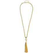 Gold crystal and Cream Pearl long Tassel Necklace #SQ321-1026626G (ID4/OC2)