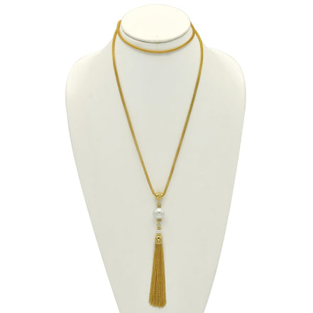 Gold crystal and Cream Pearl long Tassel Necklace #SQ321-1026626G (ID4/OC2)