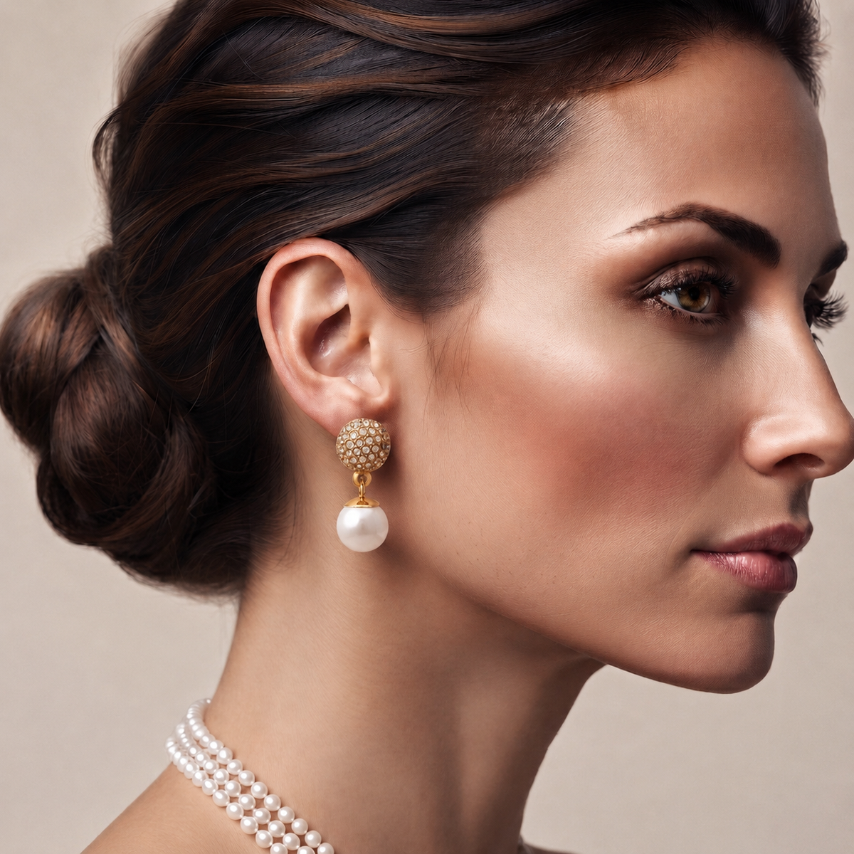 Gold And cream Pearl Crystal Post Earrings #SQ321-1024-3565G (GB15)