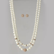 Cream Pearl And Gold Crystal Pave Ball Adjustable Length Layer Necklace And Earrings Set