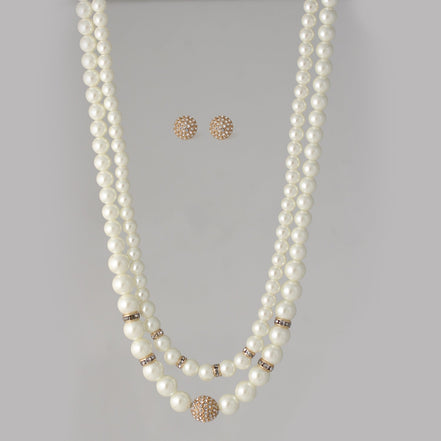 Cream Pearl And Gold Crystal Pave Ball Adjustable Length Layer Necklace And Earrings Set