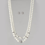 White Pearl And Silver Crystal Pave Ball Adjustable Length Layer Necklace And Earrings Set