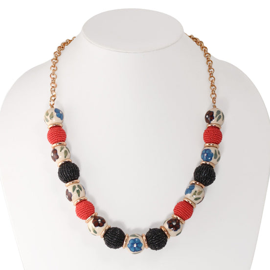 Rose Gold Multicolor Ceramic Bead Black And Coral Seed Bead  Adjustable Length  Necklace