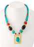 Gold Black Coral And Turquoise Beads Rectangle Pendant Adjustable Length Necklace