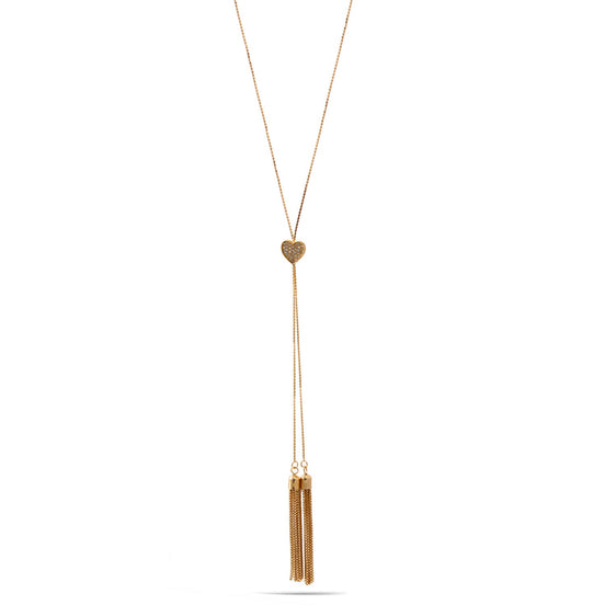 Gold Crystal Heart Pendant With Tassel Necklace