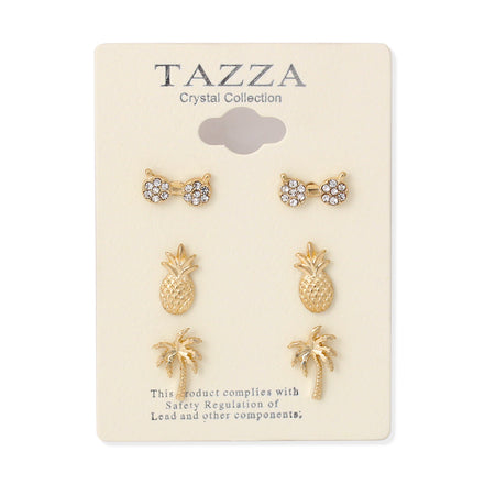 Gold Pair Of 3 Summer Crystal Post Earrings