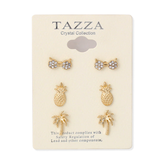 Gold Pair Of 3 Summer Crystal Post Earrings