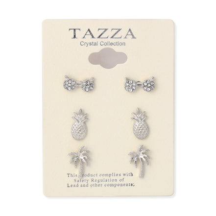 Silver Pair Of 3 Summer Crystal Post Earrings