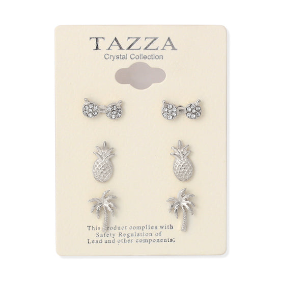 Silver Pair Of 3 Summer Crystal Post Earrings