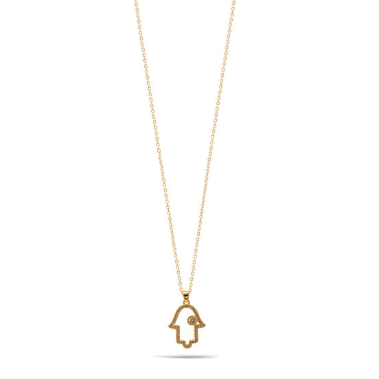 Gold Hamsa Hand Crystal Pendant Adjustable Length Chain Necklace